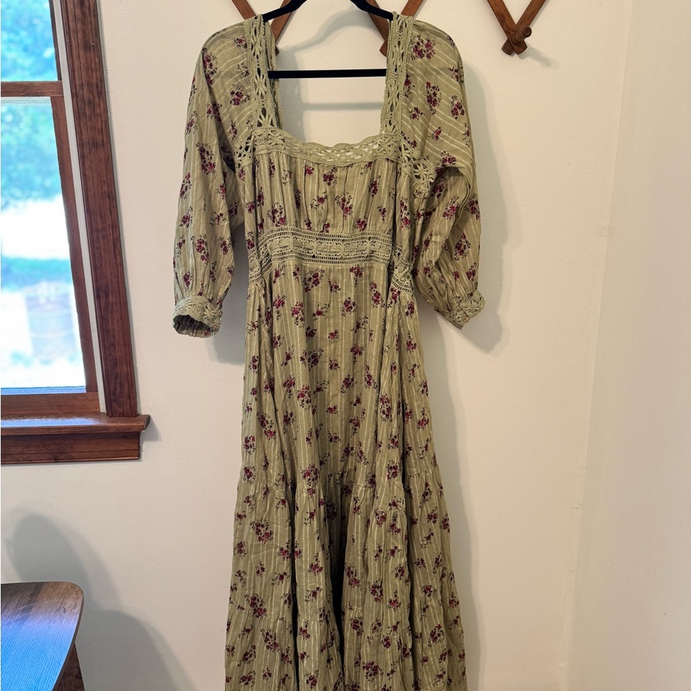 Free People Sage Green Floral Lace-Trim Midi Dress - Picture 1 of 7
